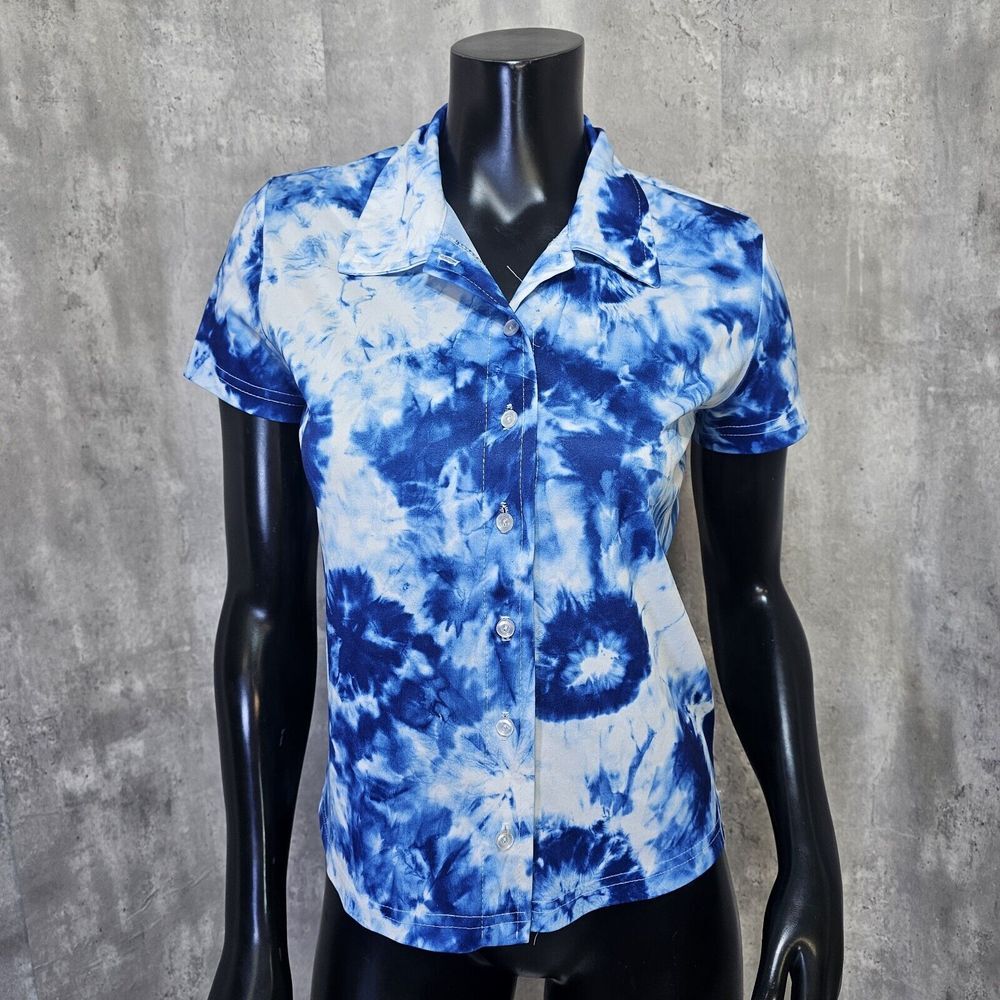 Vintage 90s does 70s‎ Jazz Sport Size L Blue White Tie Dye Button Front Crop Top